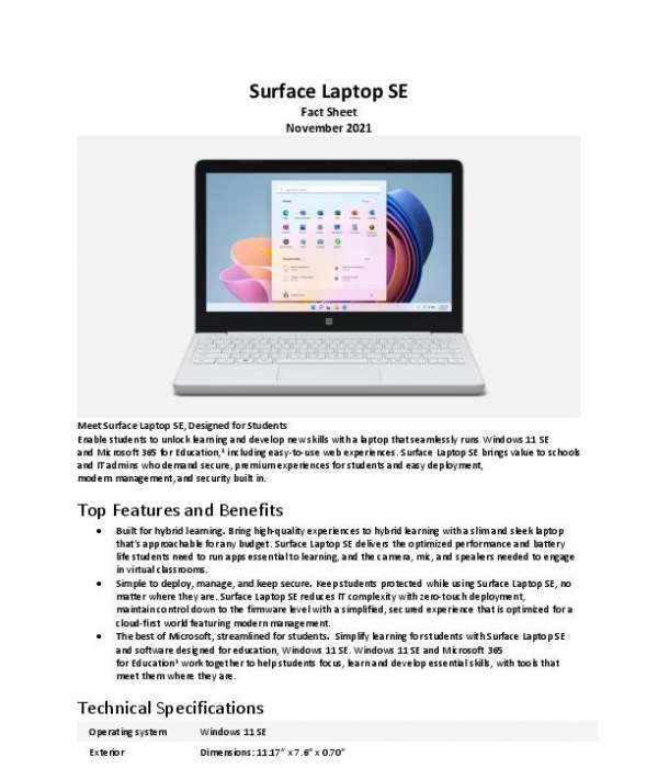 Surface Laptop SE Fact Sheet thumb